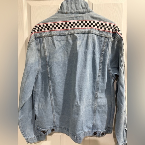 Brooklyn Cloth Light Blue Denim Moto Jacket with Checkered Sleeves - Picture 4 of 6